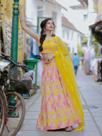 Tulsi Art Attractive Yellow Printed Organza Haldi Wear Lehenga Choli With Dupatta | Grocsy