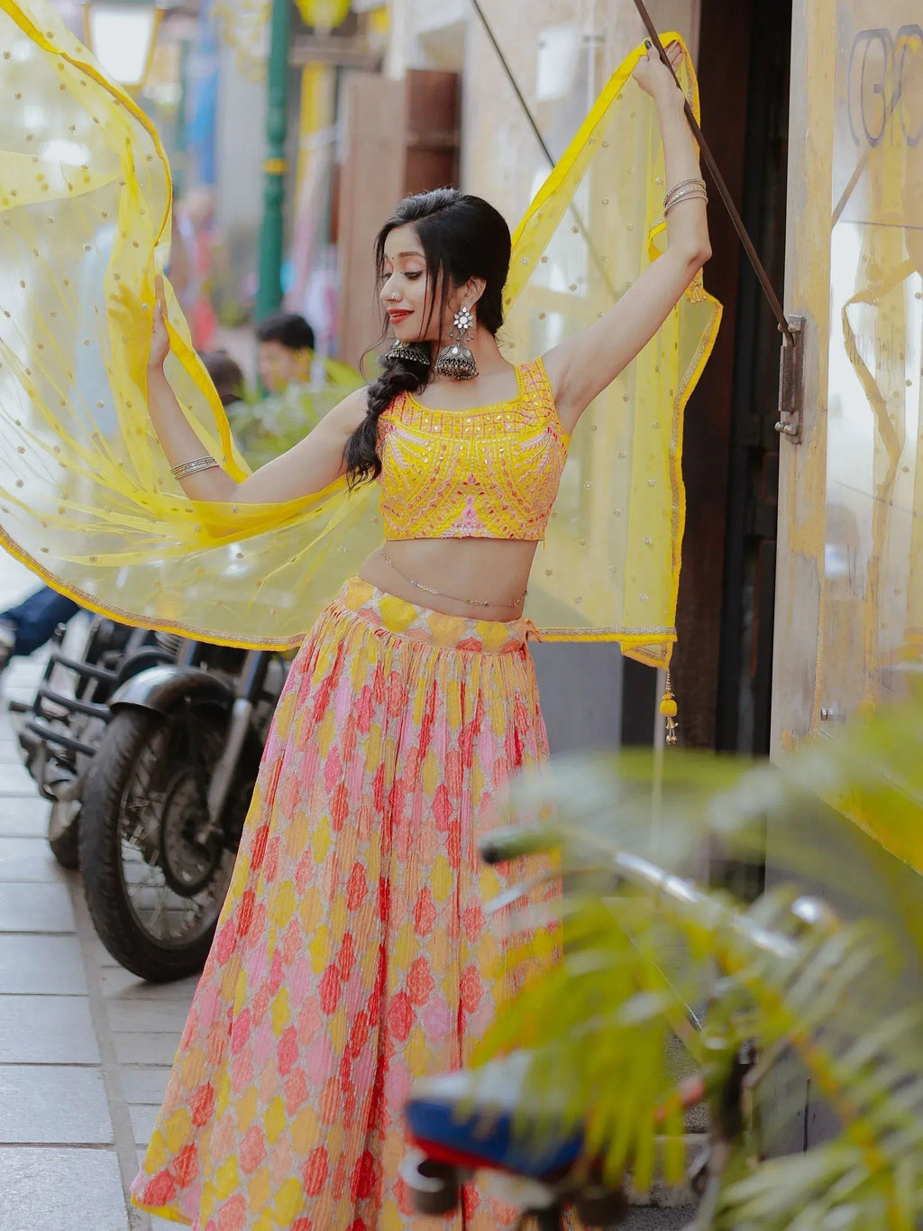 Tulsi Art Attractive Yellow Printed Organza Haldi Wear Lehenga Choli With Dupatta | Grocsy