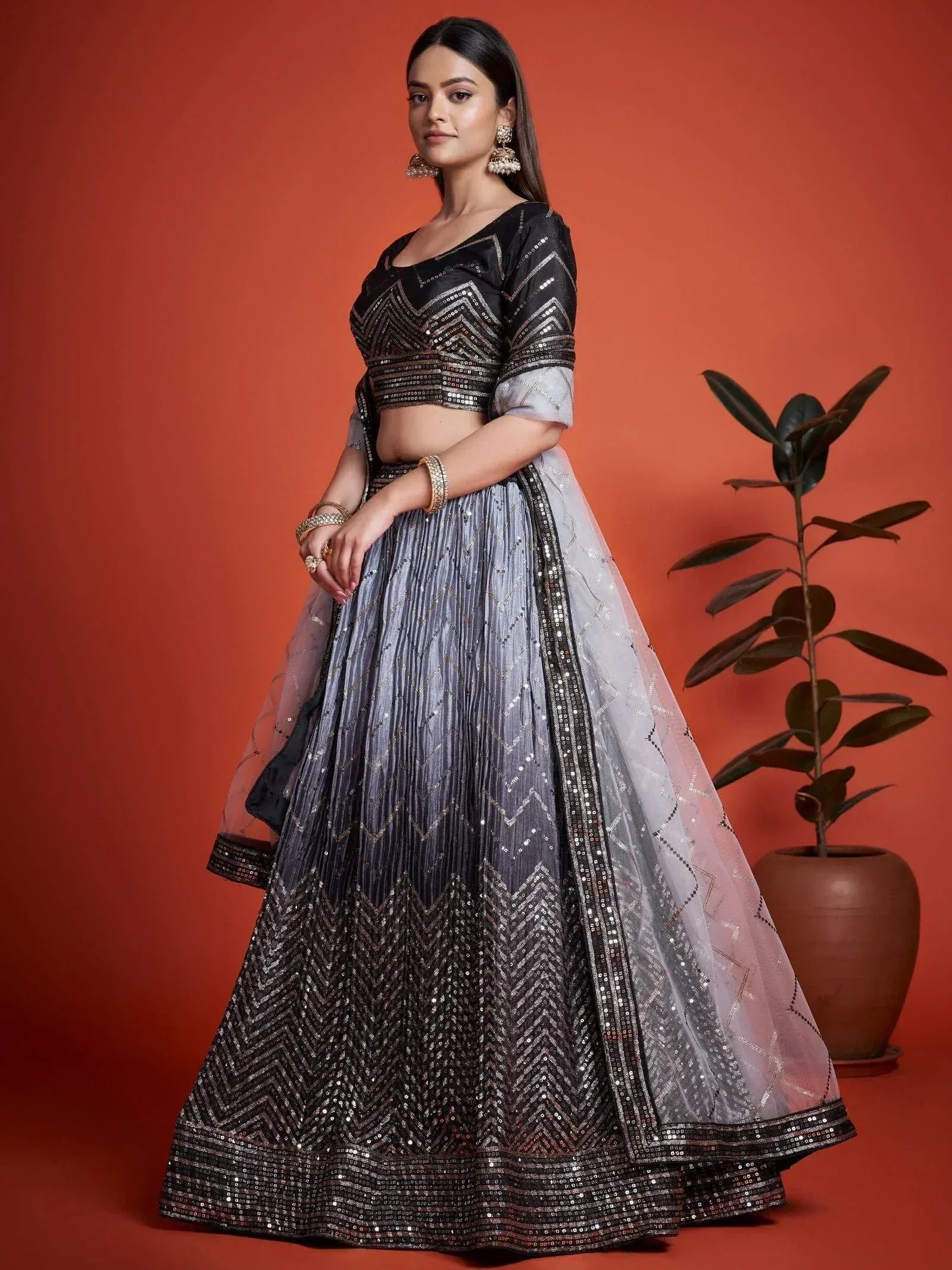 Tulsi Art Astonishing Black Sequins Chinon Reception Wear Lehenga Choli | Grocsy
