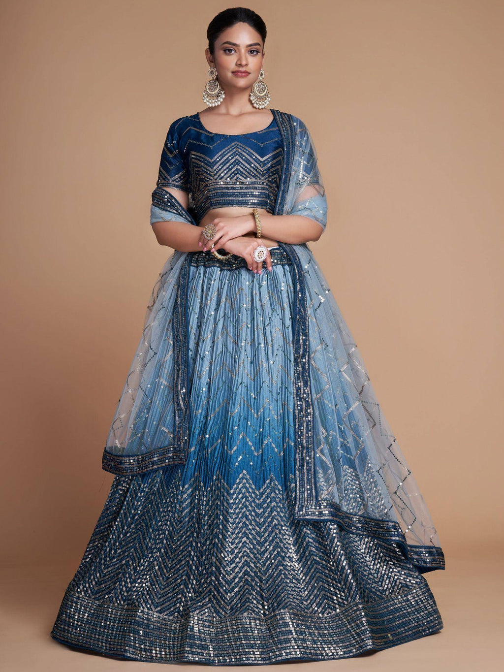 Tulsi Art Adorable Blue Sequins Chinon Sangeet Wear Lehenga Choli With Dupatta | Grocsy