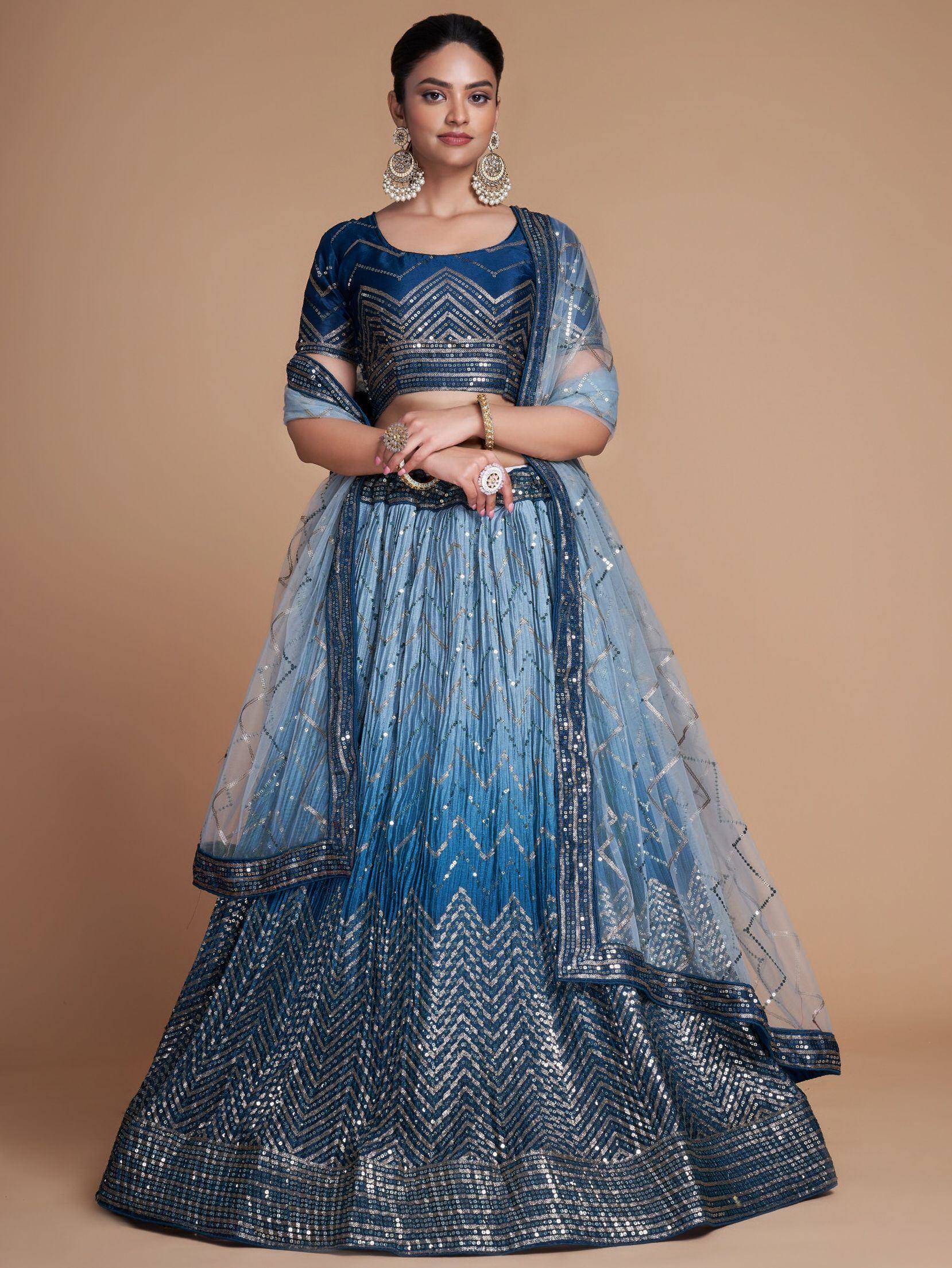 Tulsi Art Adorable Blue Sequins Chinon Sangeet Wear Lehenga Choli With Dupatta | Grocsy