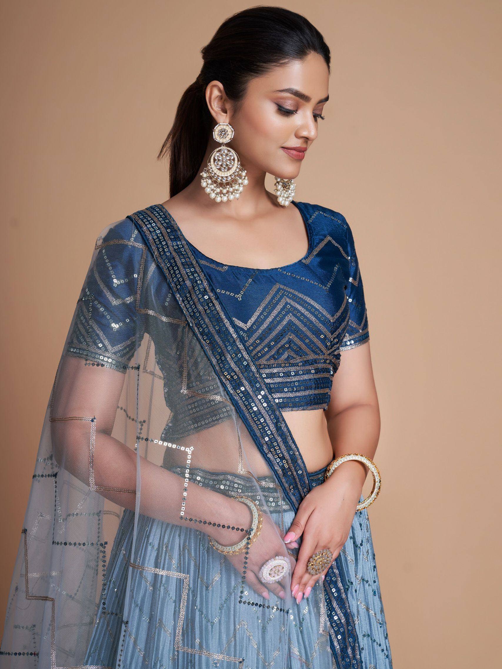 Tulsi Art Adorable Blue Sequins Chinon Sangeet Wear Lehenga Choli With Dupatta | Grocsy