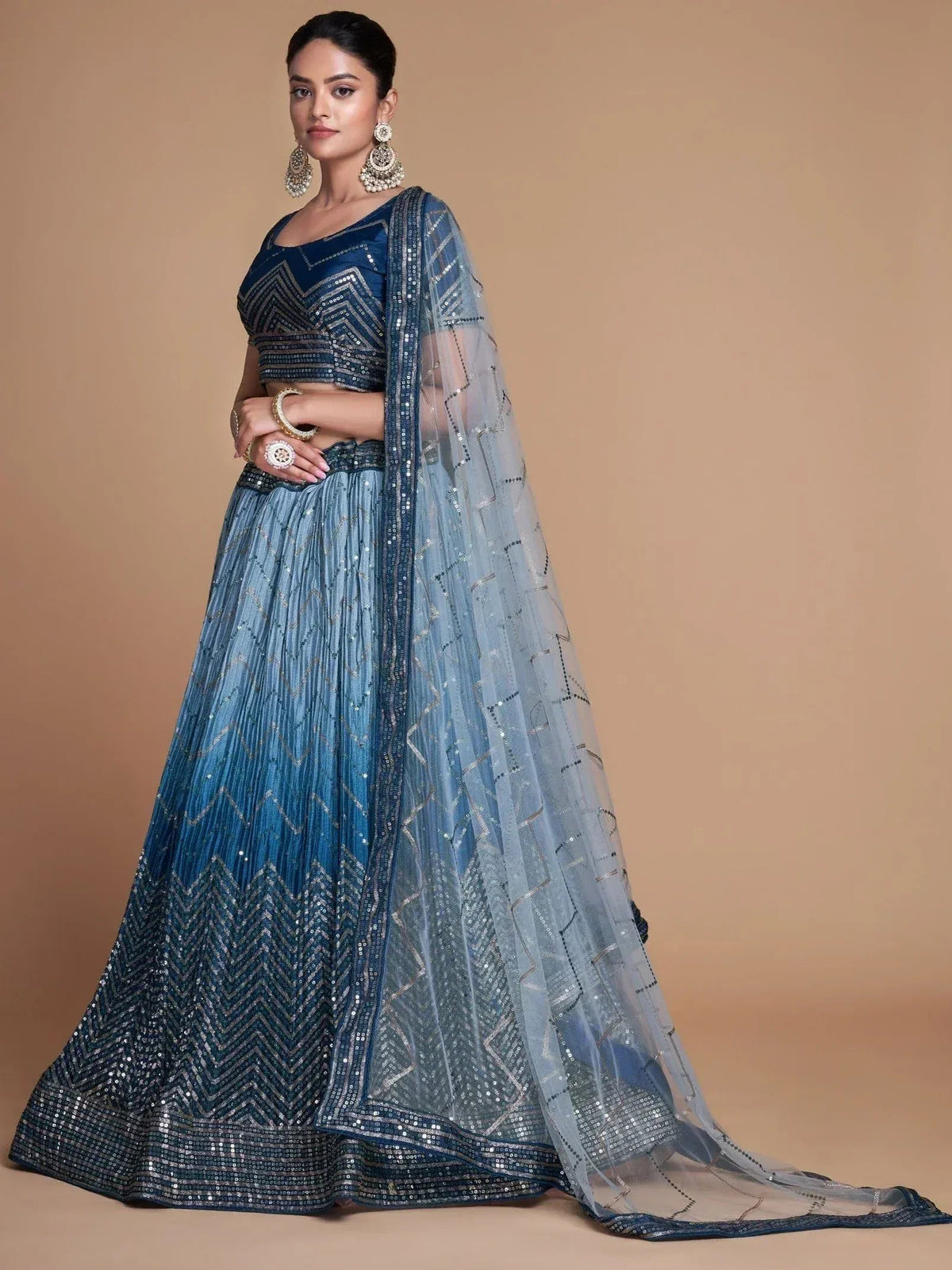 Tulsi Art Adorable Blue Sequins Chinon Sangeet Wear Lehenga Choli With Dupatta | Grocsy