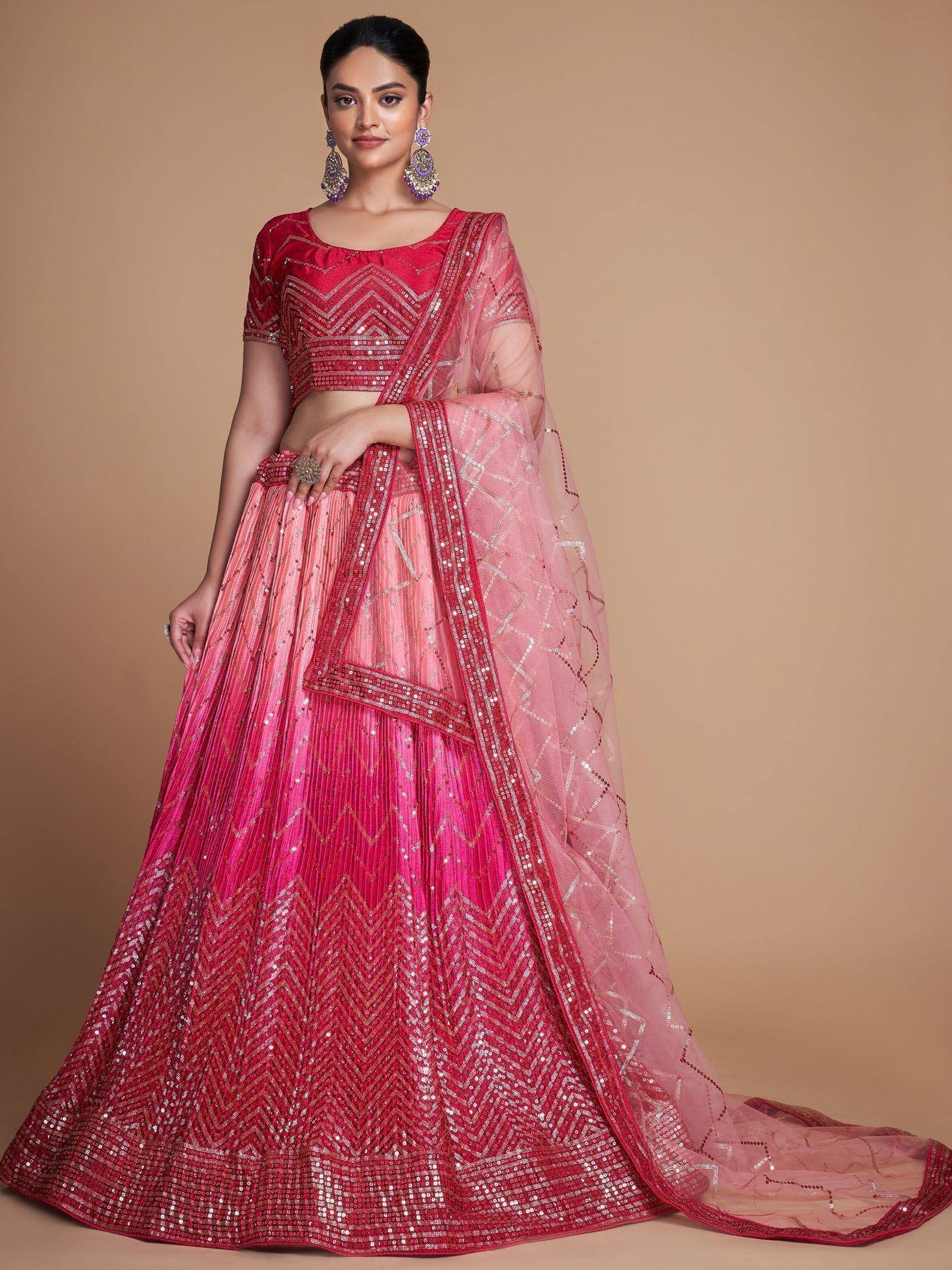 Tulsi Art Gorgeous Pink Sequins Chinon Bridesmaid Lehenga Choli With Dupatta | Grocsy