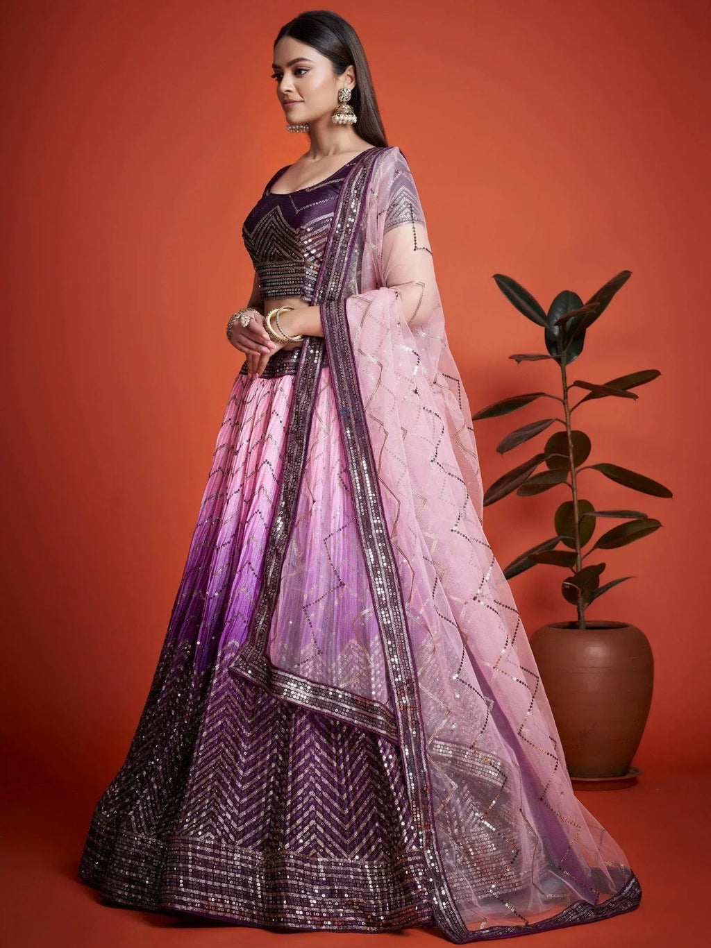 Tulsi Art Captivating Purple Sequins Chinon Function Wear Lehenga Choli | Grocsy