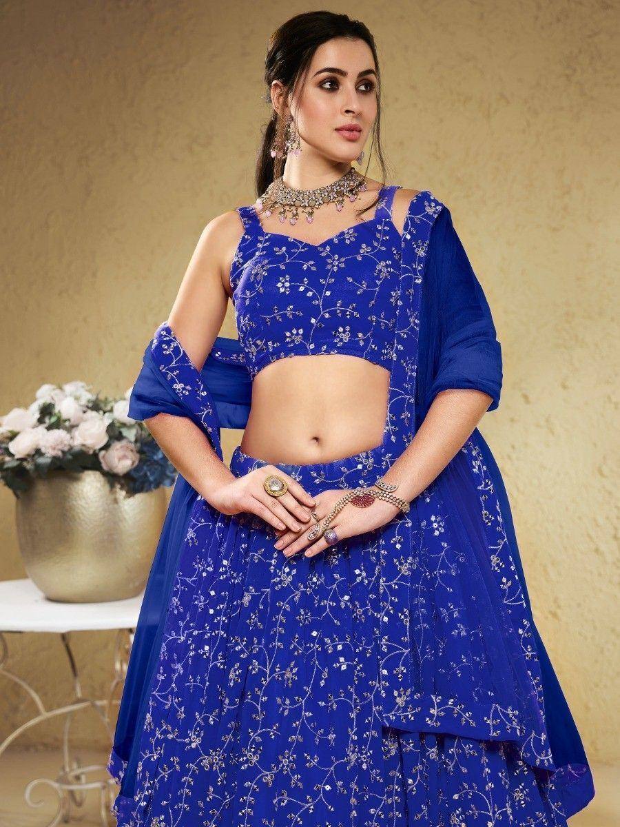 Tulsi Art Wonderful Blue Embroidered Georgette Designer Lehenga Choli | Grocsy