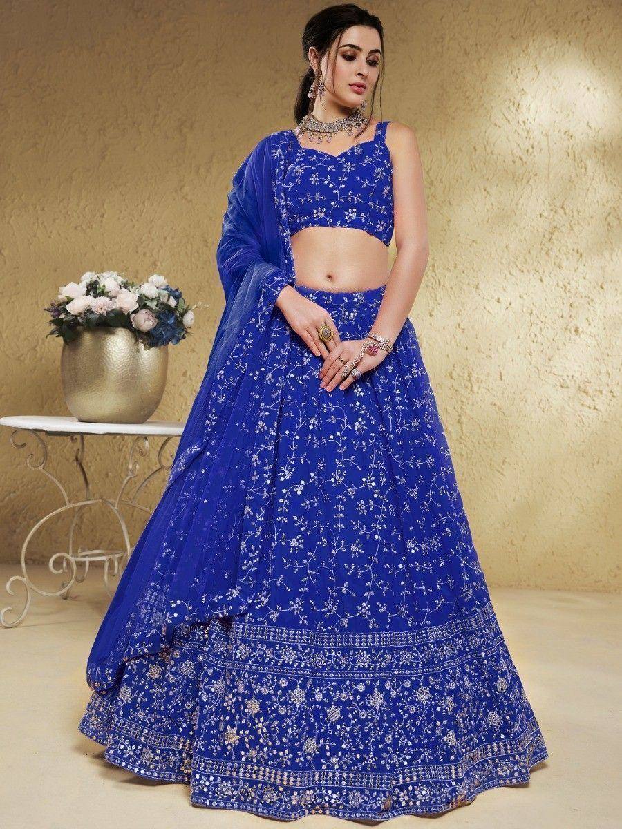Tulsi Art Wonderful Blue Embroidered Georgette Designer Lehenga Choli | Grocsy