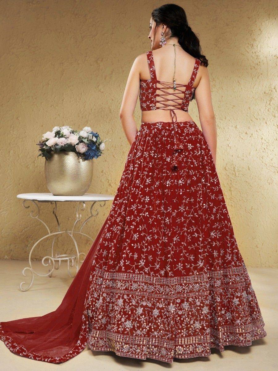Tulsi Art Stunning Red Embroidered Georgette Wedding Wear Lehenga Choli | Grocsy