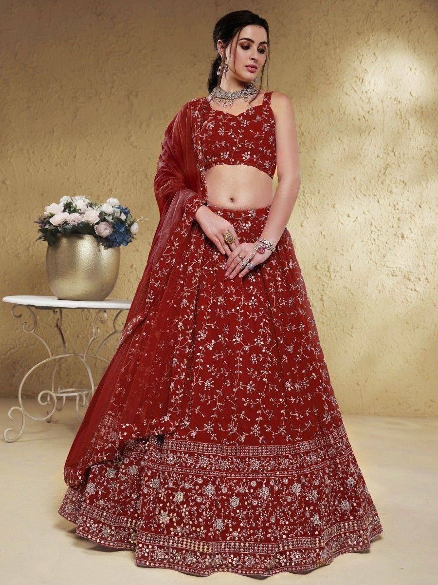 Tulsi Art Stunning Red Embroidered Georgette Wedding Wear Lehenga Choli | Grocsy