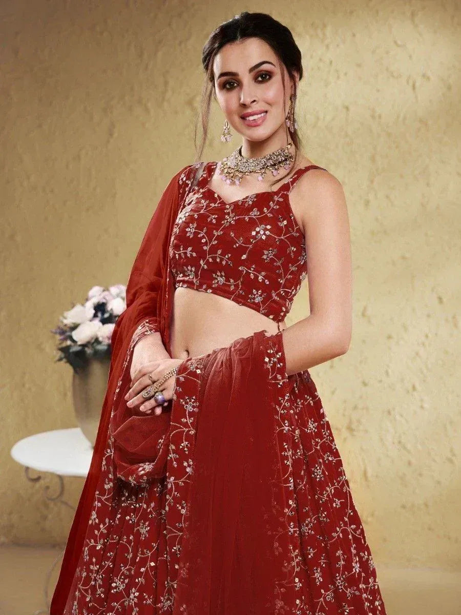 Tulsi Art Stunning Red Embroidered Georgette Wedding Wear Lehenga Choli | Grocsy