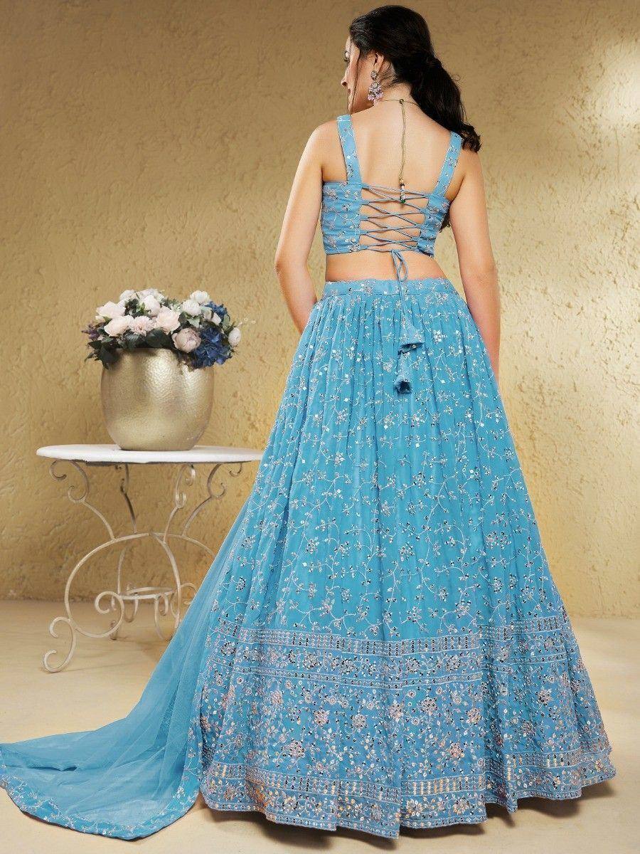 Tulsi Art Lovely Sky-Blue Embroidered Georgette Engagement Wear Lehenga Choli | Grocsy