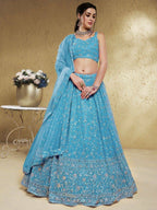 Tulsi Art Lovely Sky-Blue Embroidered Georgette Engagement Wear Lehenga Choli | Grocsy