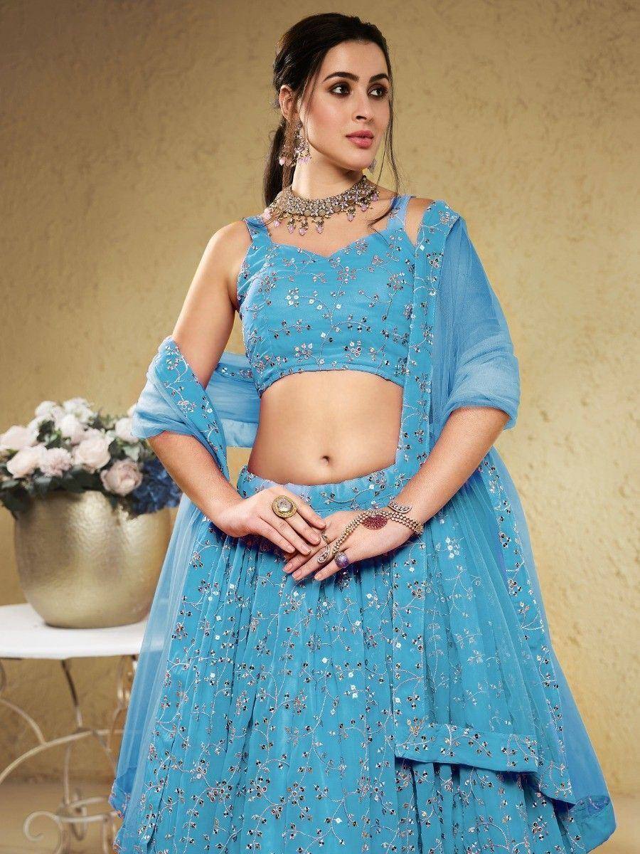 Tulsi Art Lovely Sky-Blue Embroidered Georgette Engagement Wear Lehenga Choli | Grocsy