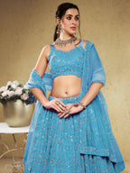 Tulsi Art Lovely Sky-Blue Embroidered Georgette Engagement Wear Lehenga Choli | Grocsy