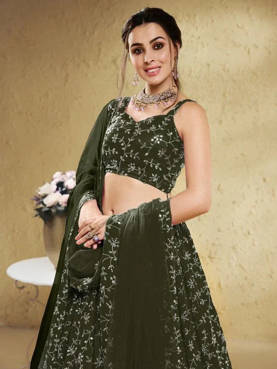Tulsi Art Astonishing Green Embroidered Georgette Mehendi Wear Lehenga Choli | Grocsy