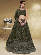 Tulsi Art Astonishing Green Embroidered Georgette Mehendi Wear Lehenga Choli | Grocsy