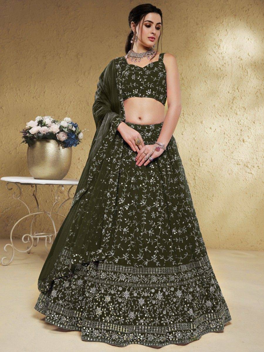 Tulsi Art Astonishing Green Embroidered Georgette Mehendi Wear Lehenga Choli | Grocsy