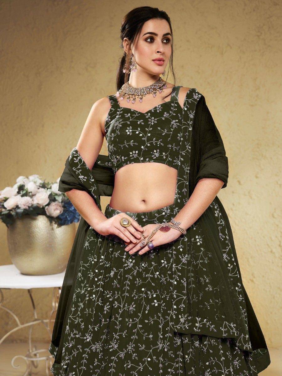 Tulsi Art Astonishing Green Embroidered Georgette Mehendi Wear Lehenga Choli | Grocsy