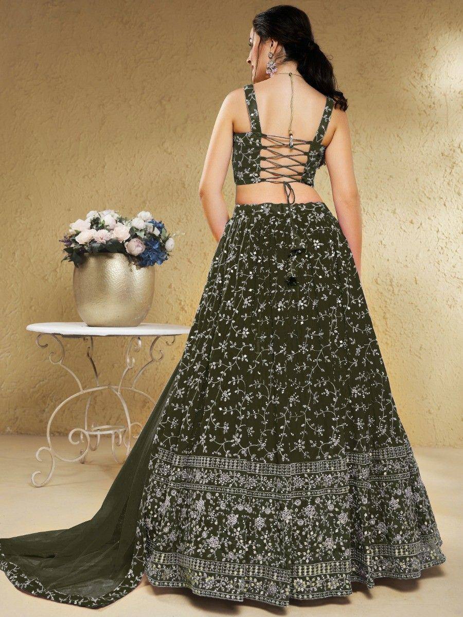 Tulsi Art Astonishing Green Embroidered Georgette Mehendi Wear Lehenga Choli | Grocsy