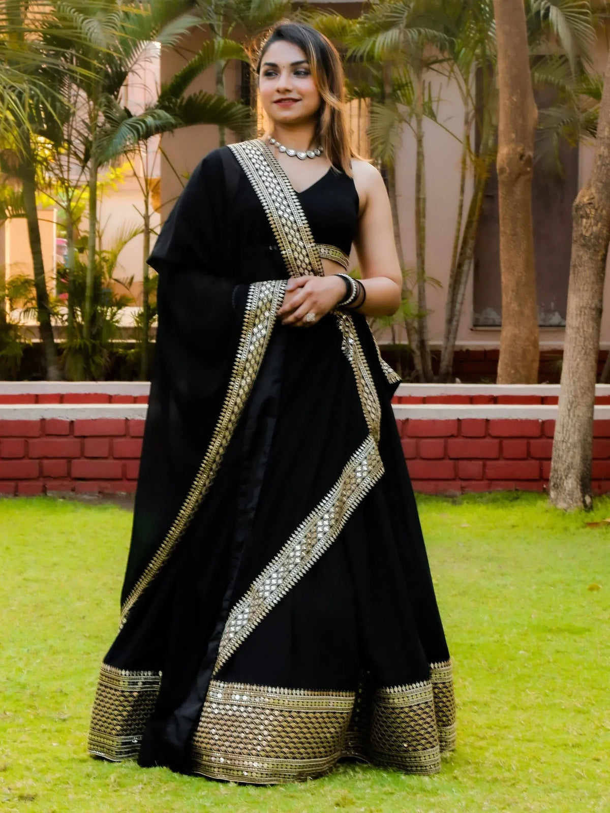Tulsi Art Pretty Black Heavy Lace Work Georgette Reception Wear Lehenga Choli | Grocsy