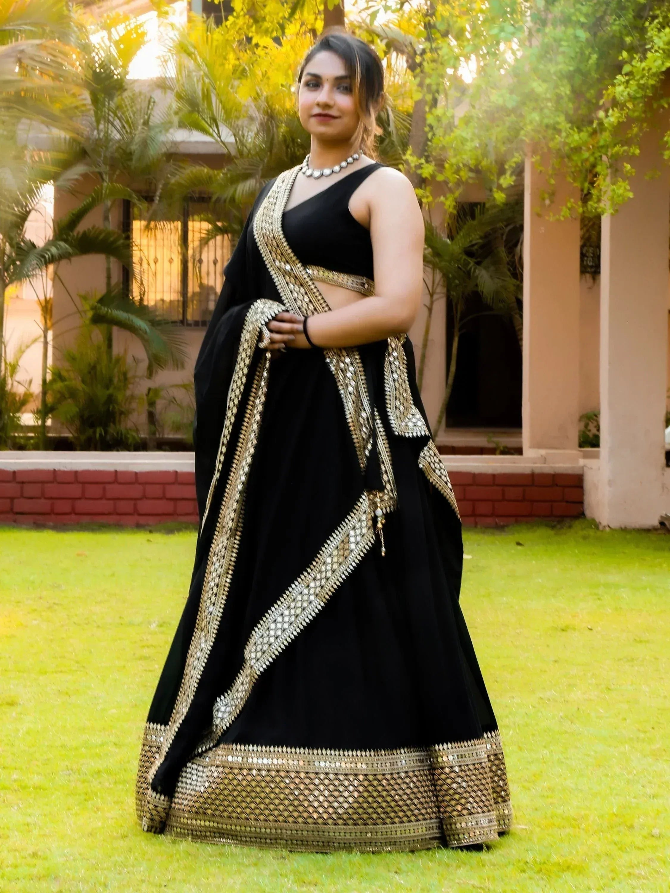 Tulsi Art Pretty Black Heavy Lace Work Georgette Reception Wear Lehenga Choli | Grocsy