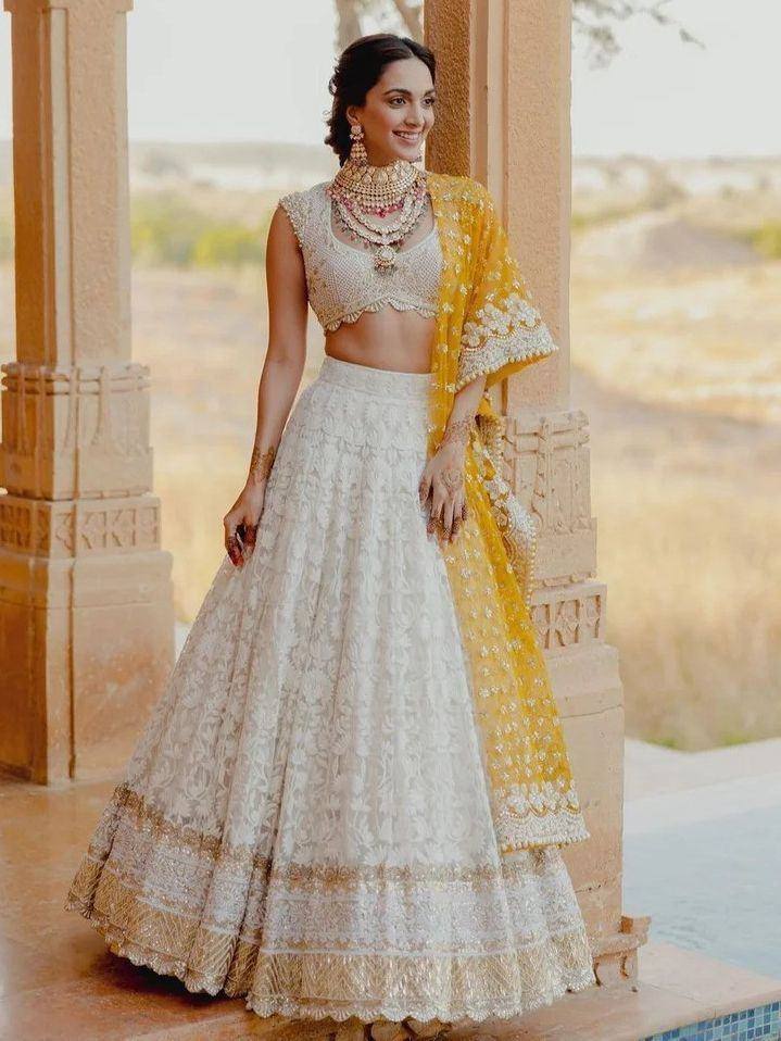 Tulsi Art Kiara Advani Inspired White Embroidered Georgette Bridal Lehenga Choli | Grocsy
