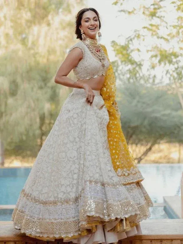 Tulsi Art Kiara Advani Inspired White Embroidered Georgette Bridal Lehenga Choli | Grocsy