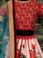Tulsi Art Pink Rose Digital Floral Print Silk Lehenga Choli | Grocsy
