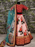 Tulsi Art Pink Rose Digital Floral Print Silk Lehenga Choli | Grocsy