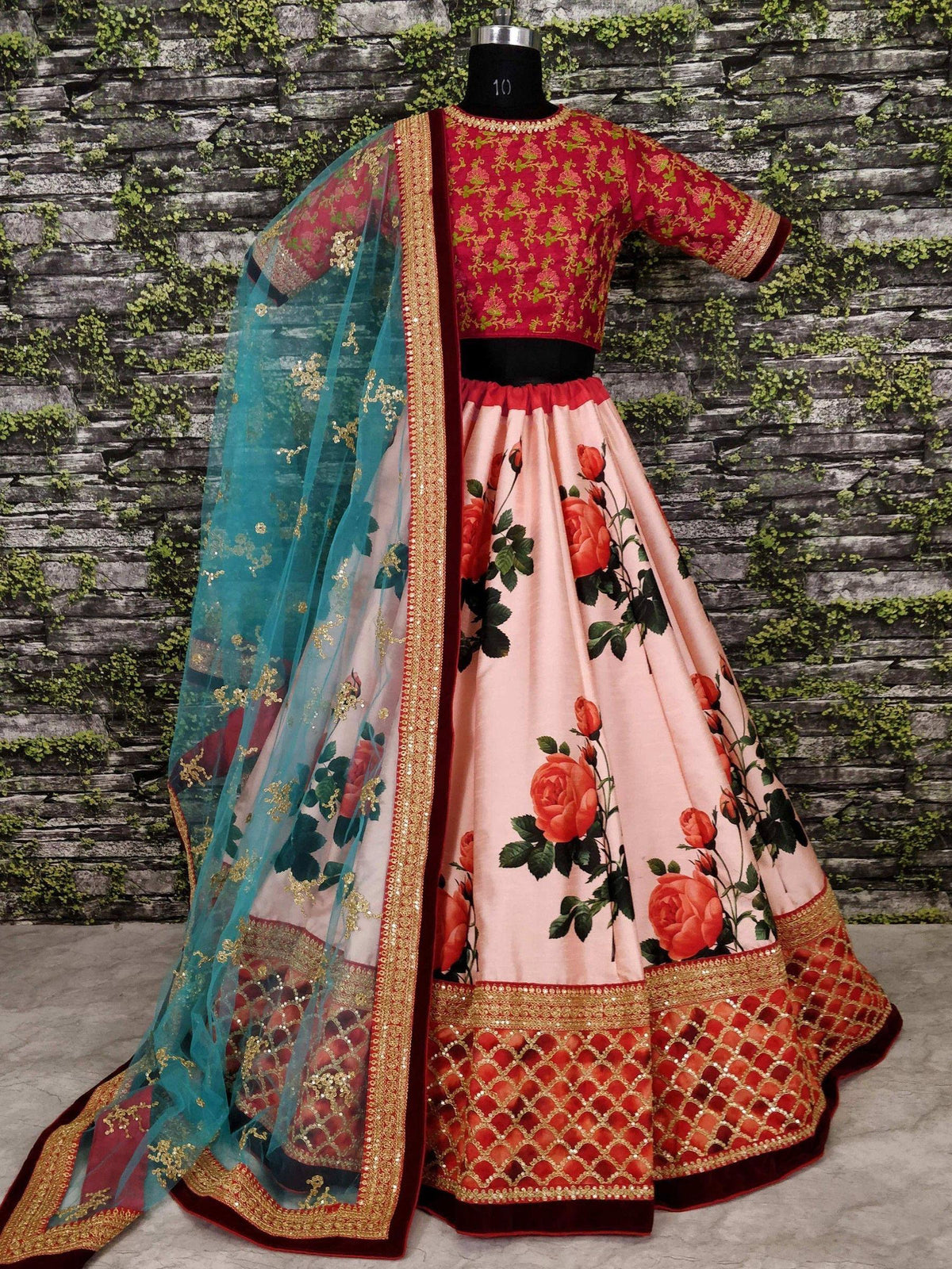 Tulsi Art Pink Rose Digital Floral Print Silk Lehenga Choli | Grocsy