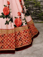 Tulsi Art Pink Rose Digital Floral Print Silk Lehenga Choli | Grocsy