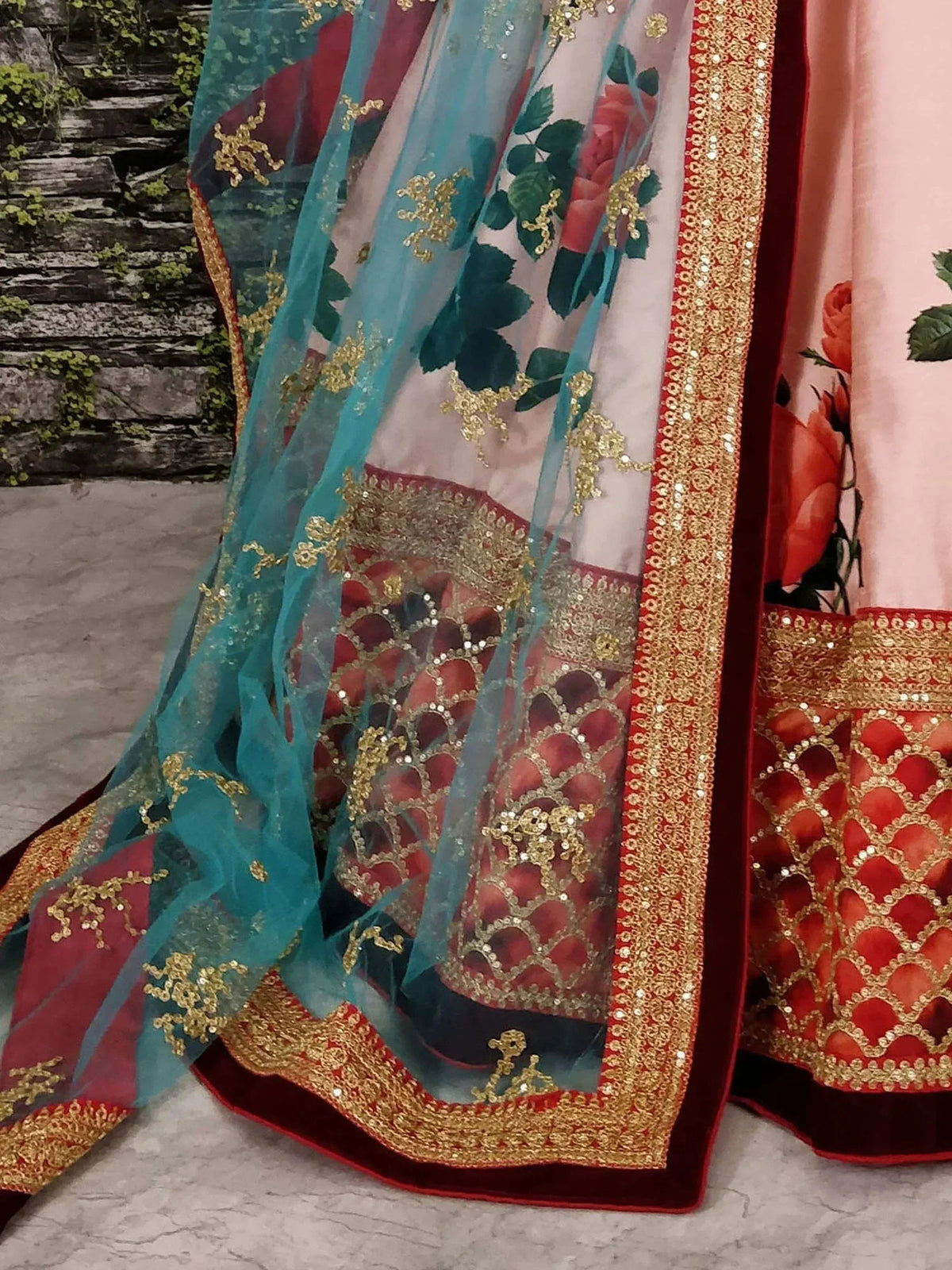 Tulsi Art Pink Rose Digital Floral Print Silk Lehenga Choli | Grocsy