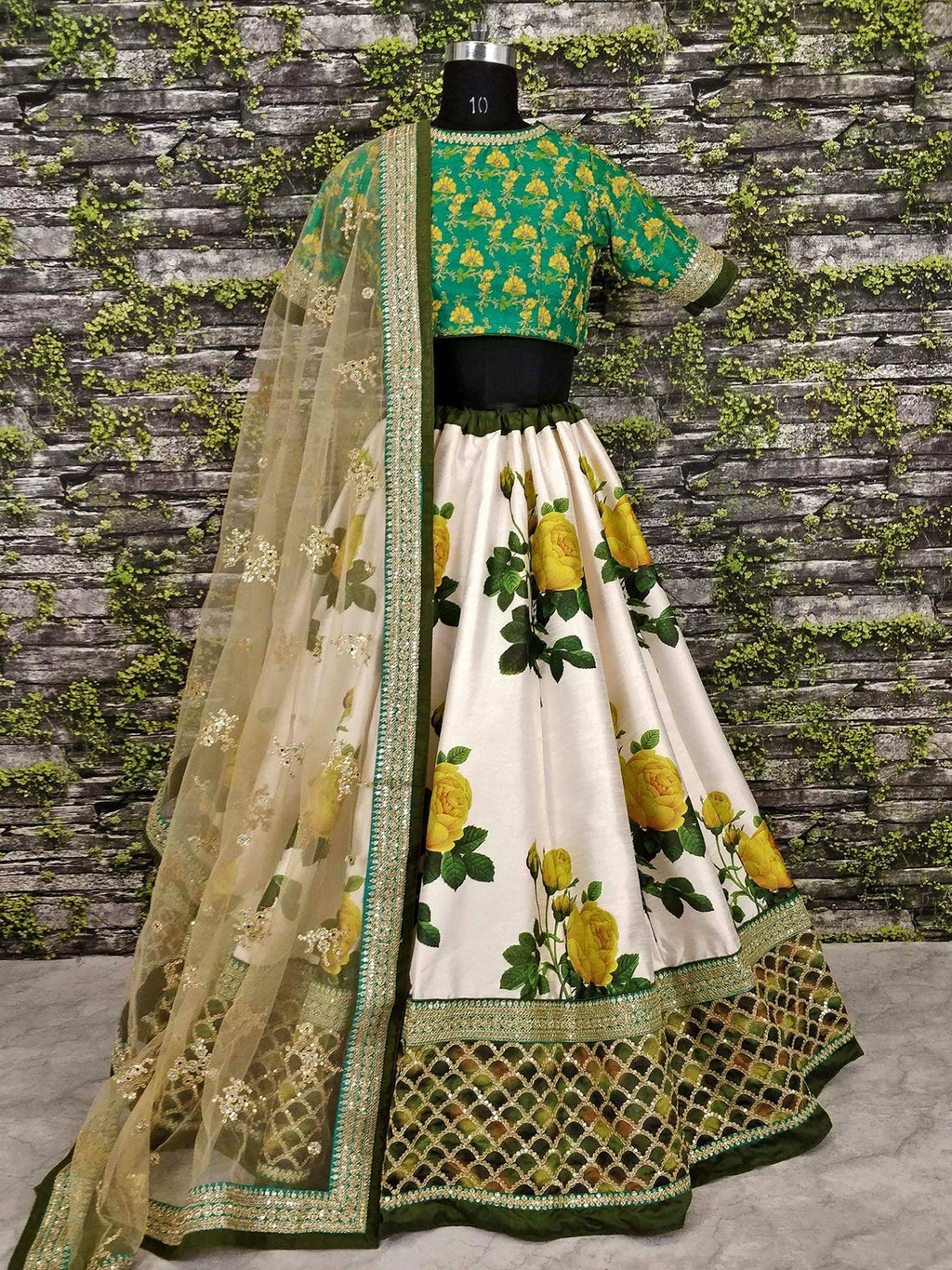 Tulsi Art Off White-Yellow Rose Floral Print Silk Lehenga Choli | Grocsy