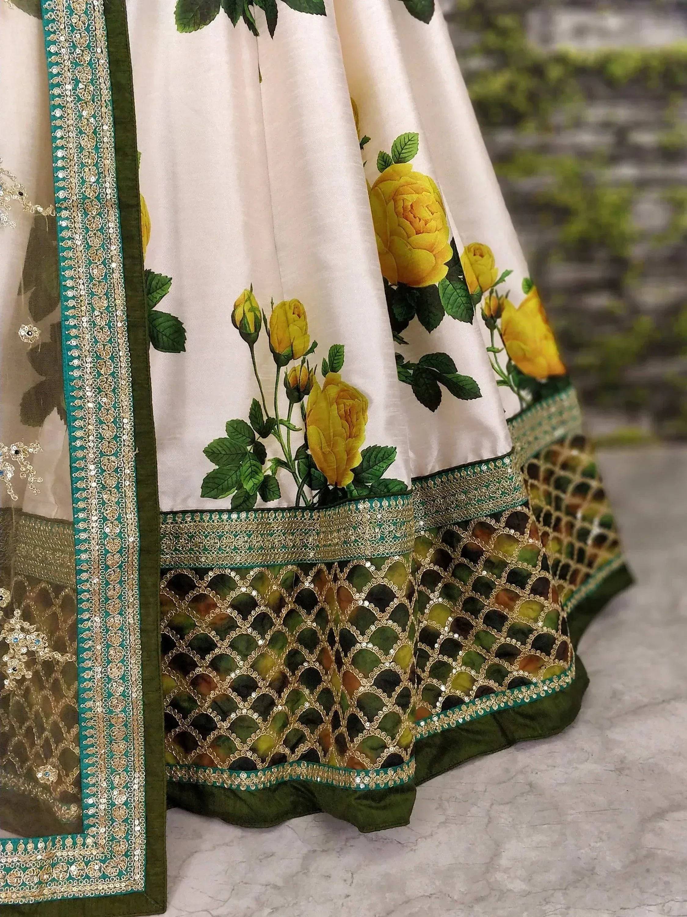 Tulsi Art Off White-Yellow Rose Floral Print Silk Lehenga Choli | Grocsy