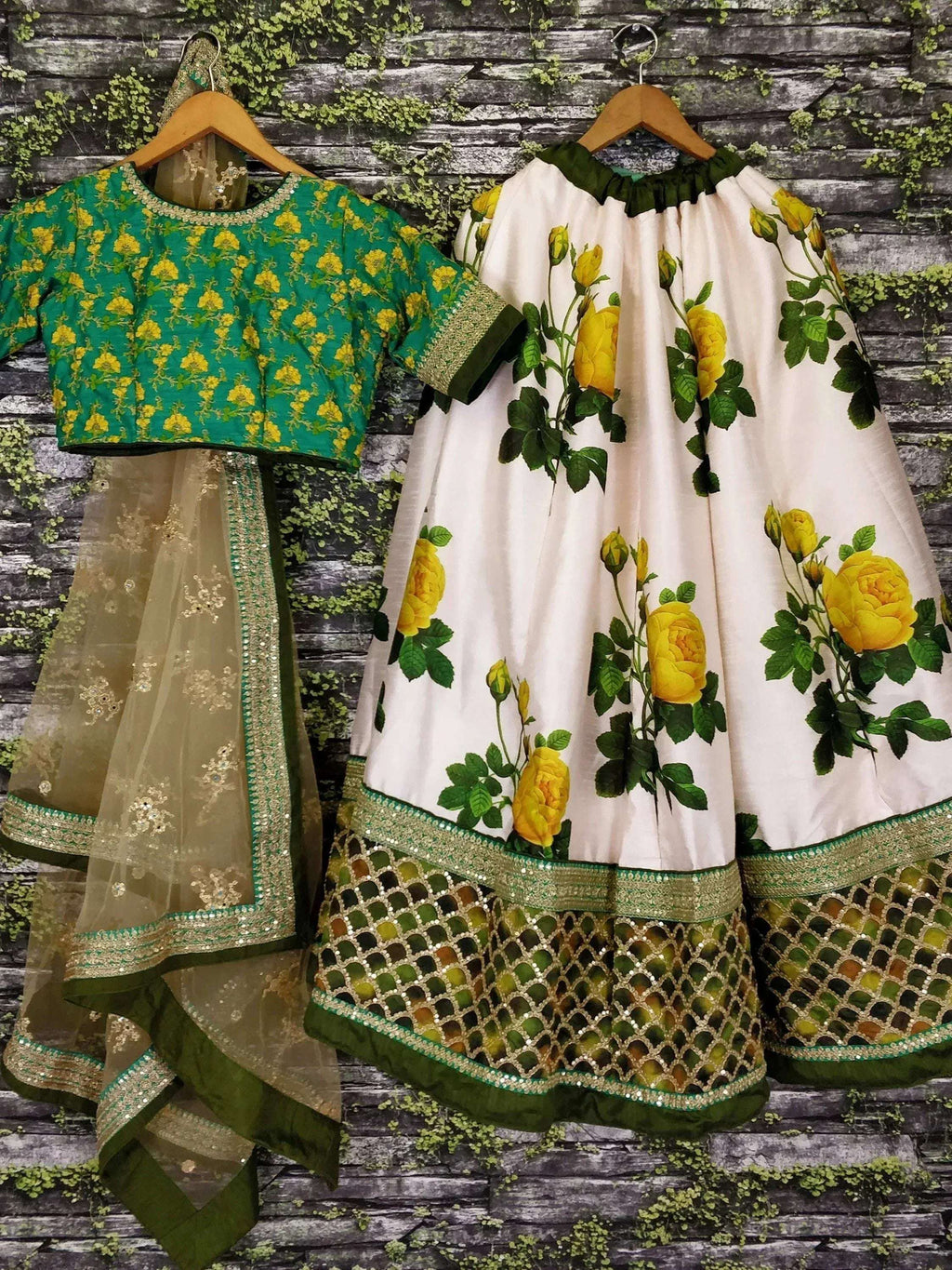 Tulsi Art Off White-Yellow Rose Floral Print Silk Lehenga Choli | Grocsy