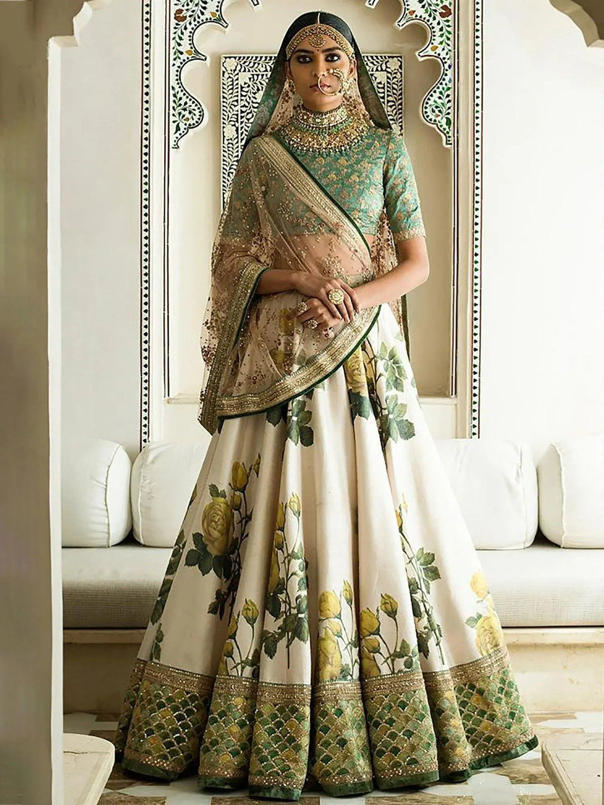 Tulsi Art Off White-Yellow Rose Floral Print Silk Lehenga Choli | Grocsy