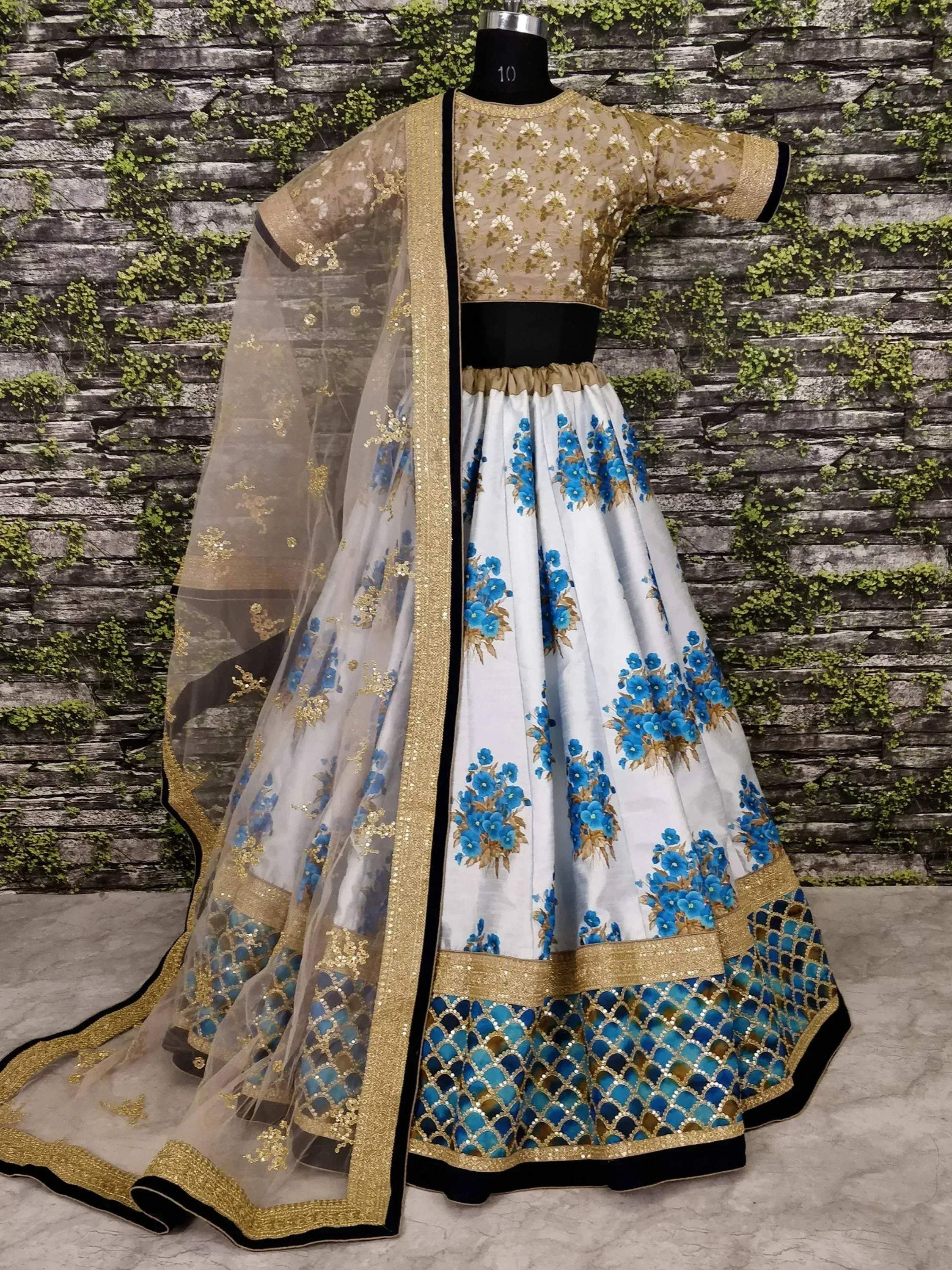 Tulsi Art Off-White Flower Print Silk Wedding Lehenga Choli | Grocsy