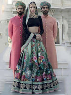 Tulsi Art Beautiful Blue Floral Printed Silk Wedding Lehenga Choli With Dupatta | Grocsy