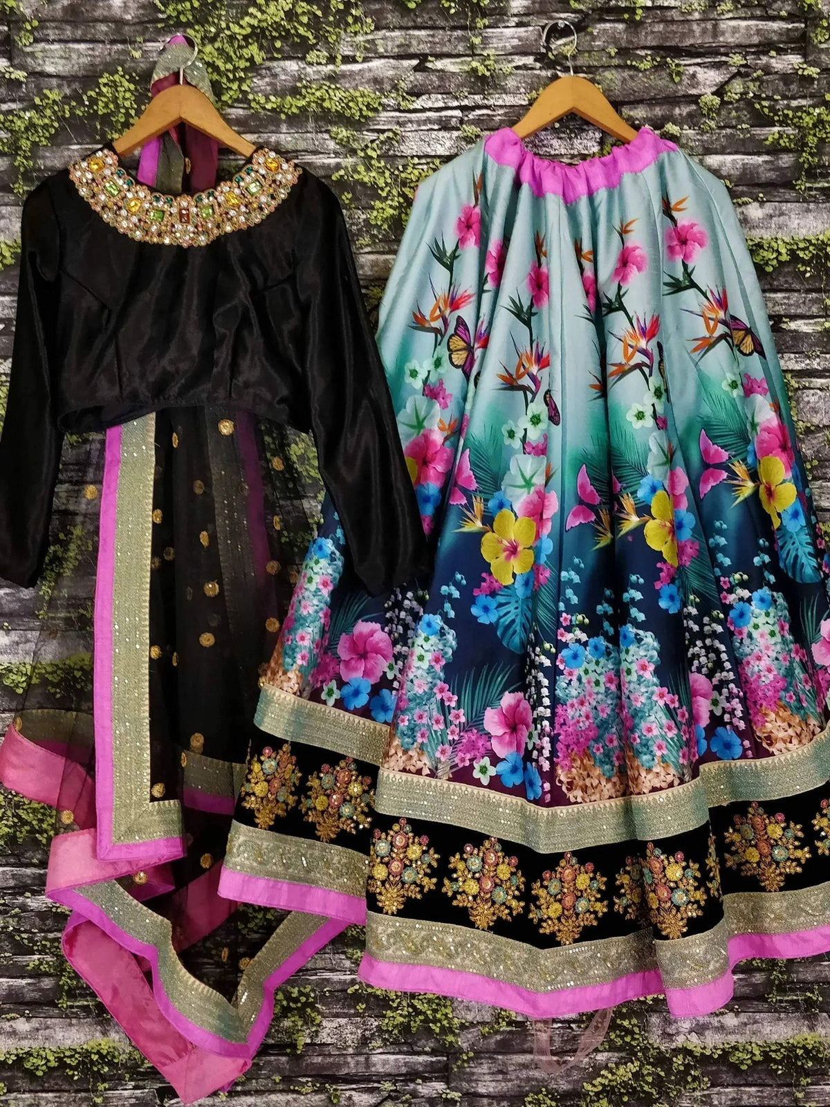 Tulsi Art Beautiful Blue Floral Printed Silk Wedding Lehenga Choli With Dupatta | Grocsy