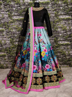 Tulsi Art Beautiful Blue Floral Printed Silk Wedding Lehenga Choli With Dupatta | Grocsy