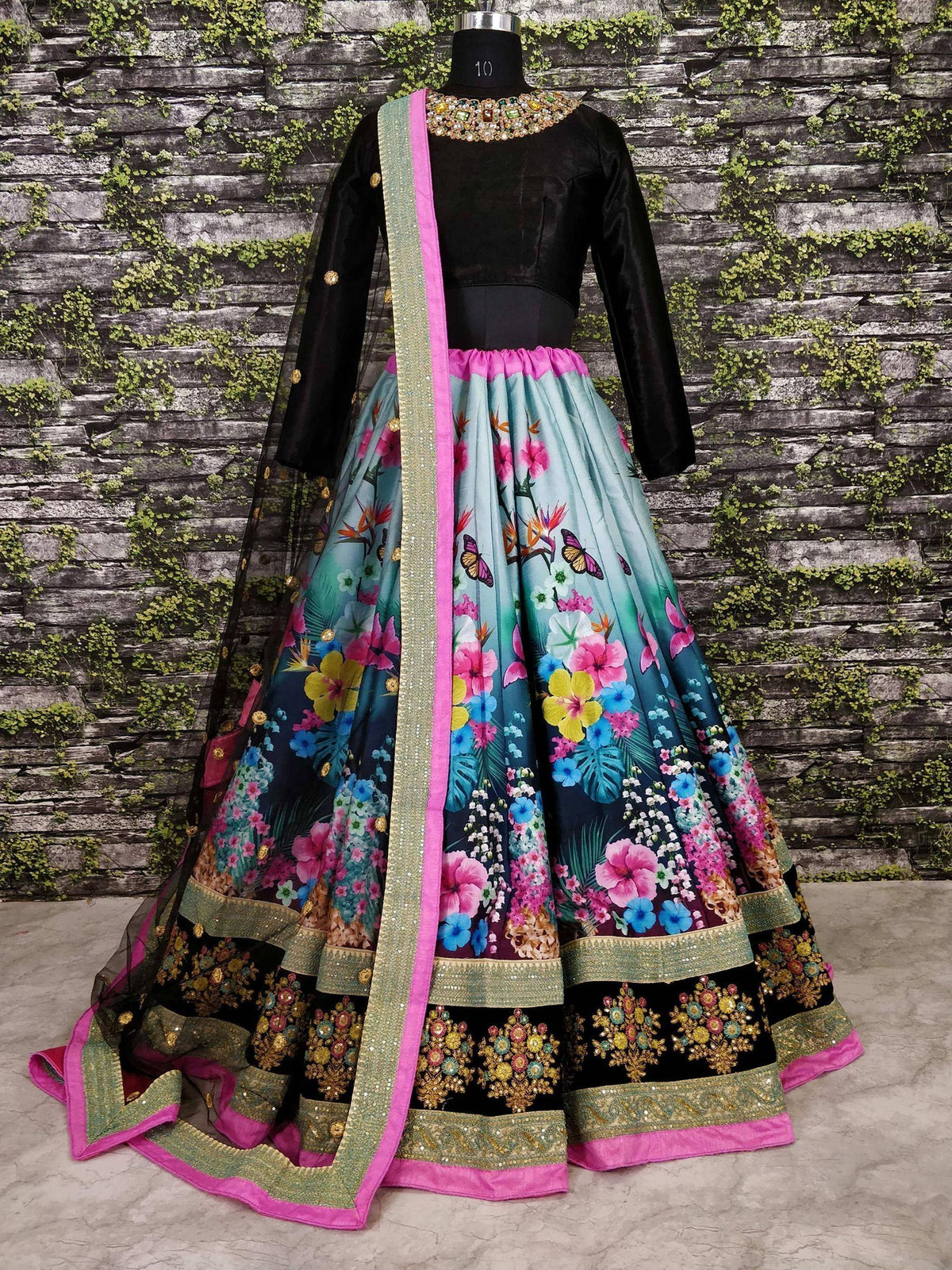 Tulsi Art Beautiful Blue Floral Printed Silk Wedding Lehenga Choli With Dupatta | Grocsy