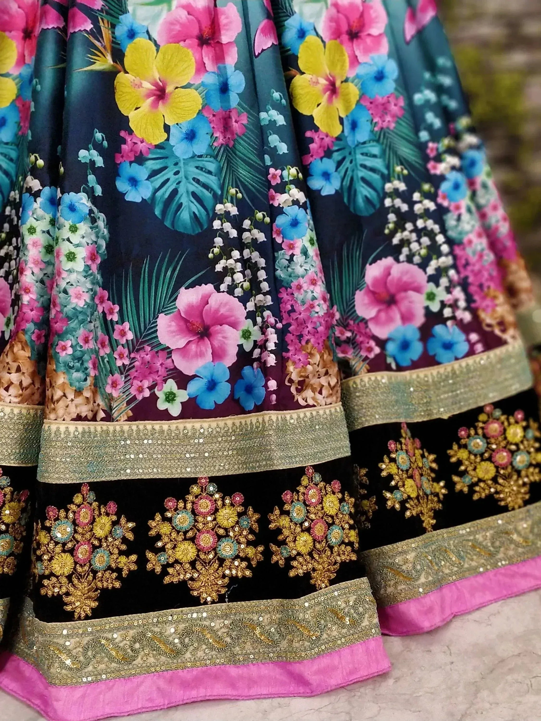 Tulsi Art Beautiful Blue Floral Printed Silk Wedding Lehenga Choli With Dupatta | Grocsy