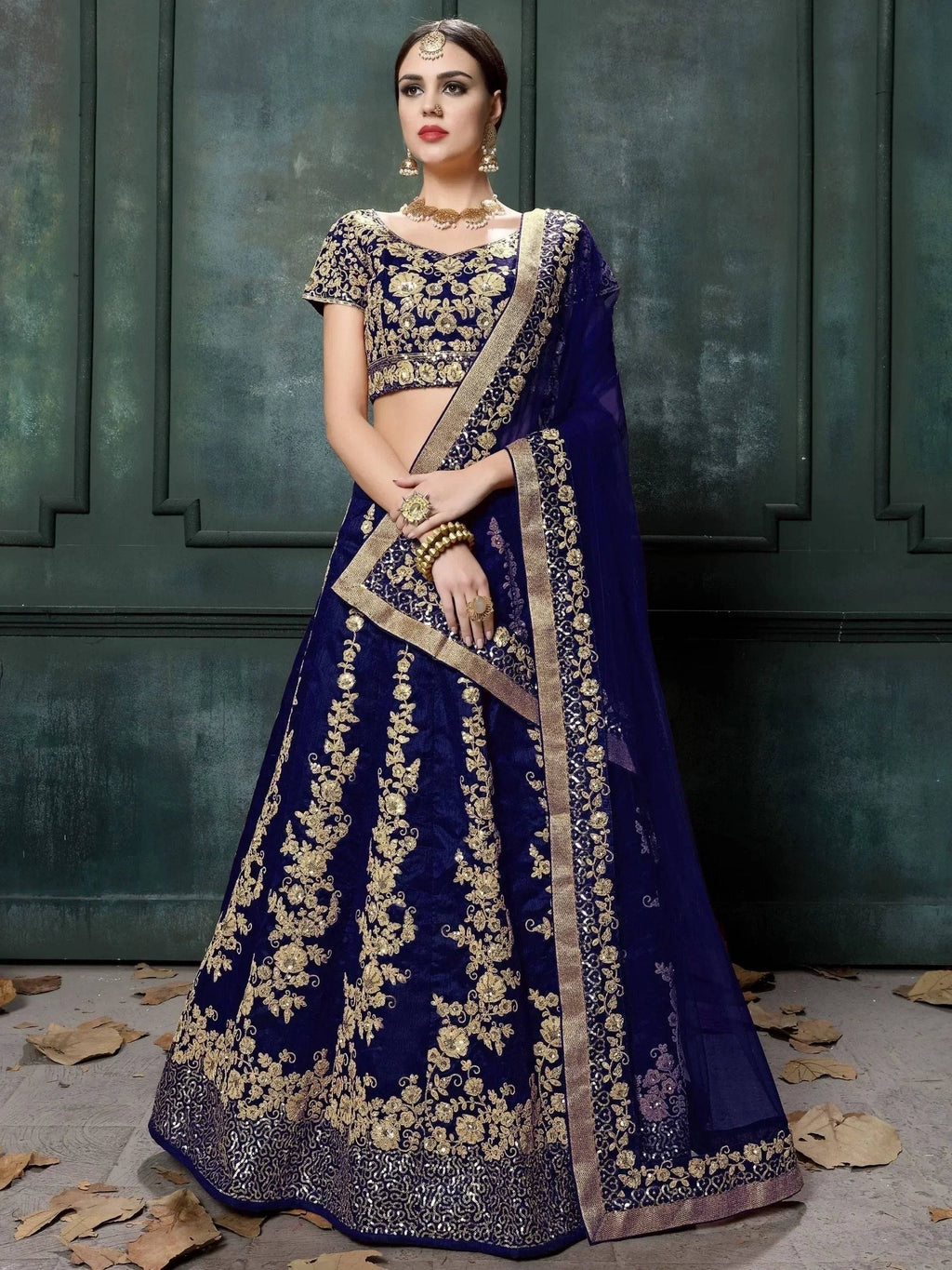 Tulsi Art Navy Blue Applique Embroidery Silk Wedding Lehenga Choli | Grocsy