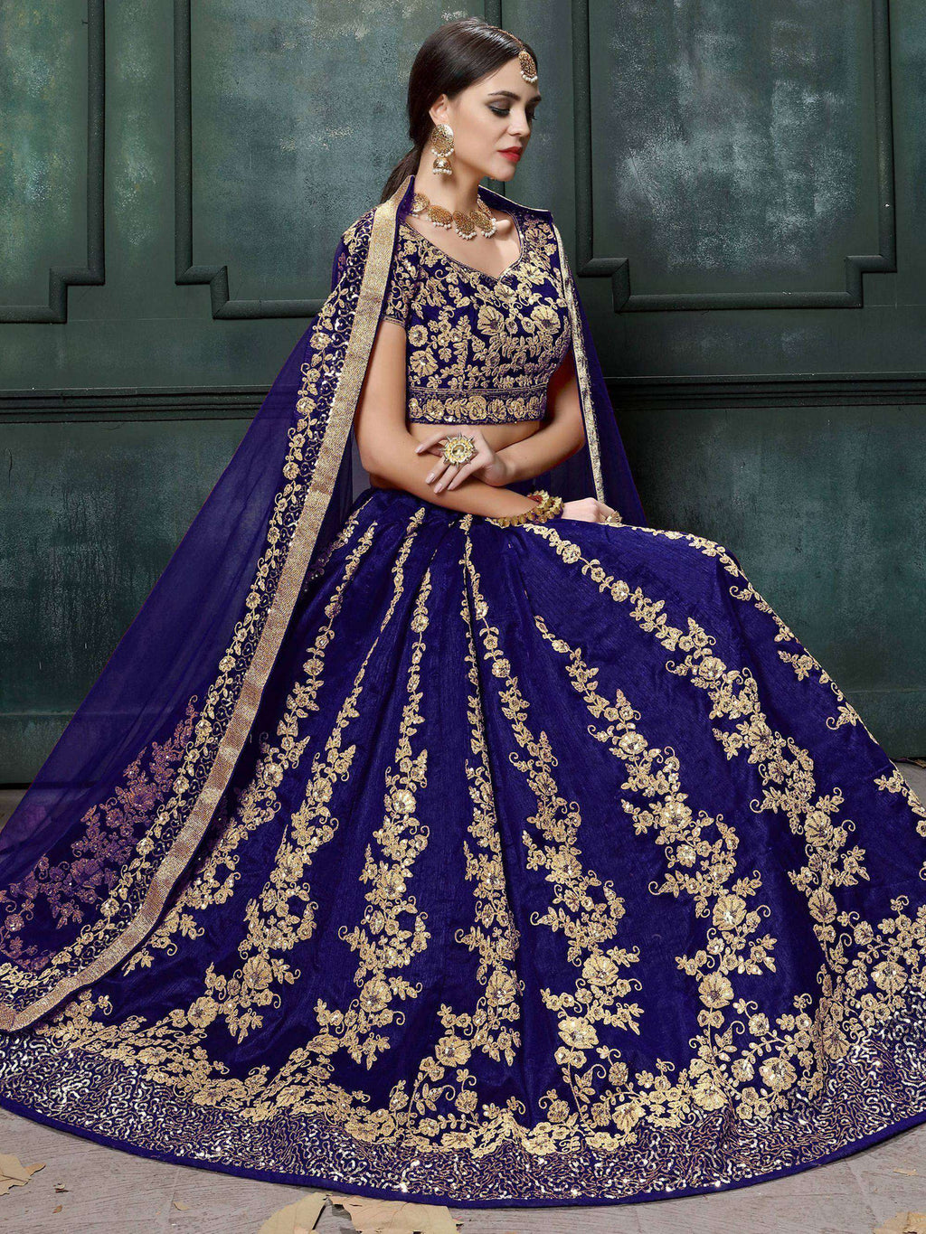 Tulsi Art Navy Blue Applique Embroidery Silk Wedding Lehenga Choli | Grocsy