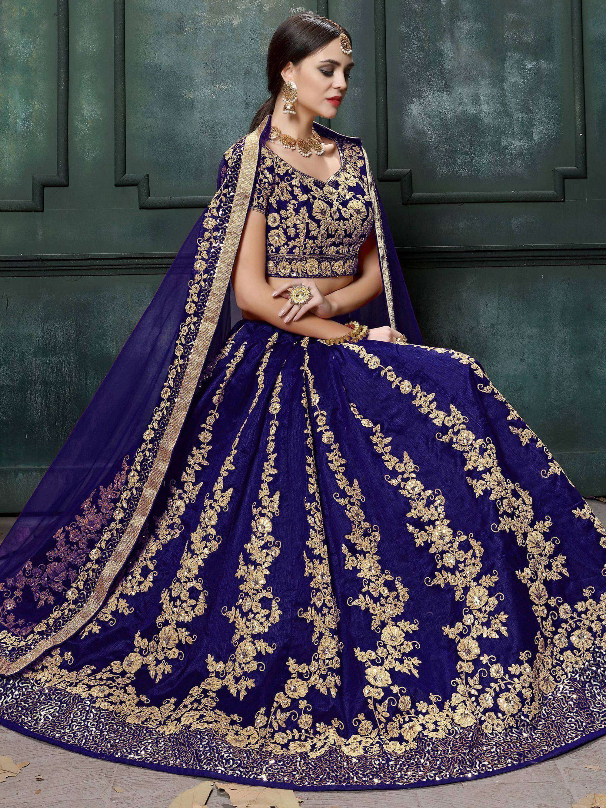 Tulsi Art Navy Blue Applique Embroidery Silk Wedding Lehenga Choli | Grocsy