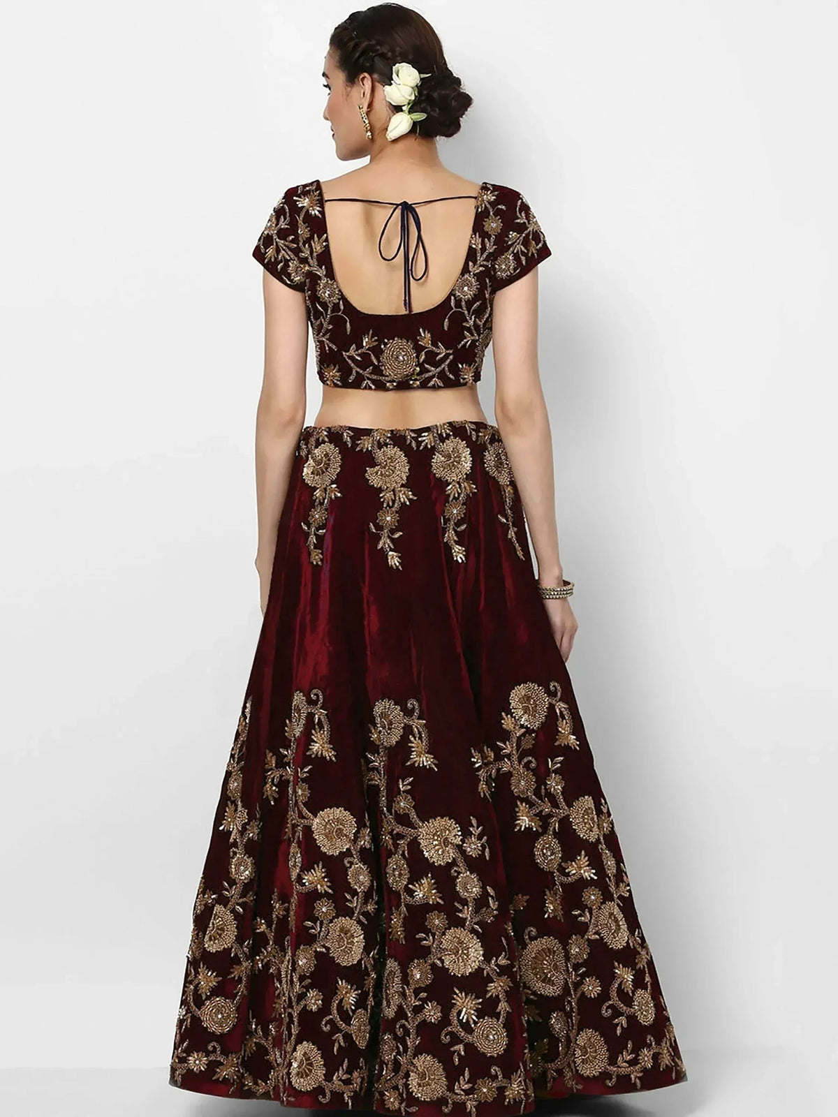 Tulsi Art Maroon Embroidered Velvet Bridal Lehenga Choli With Light Peach Dupatta | Grocsy