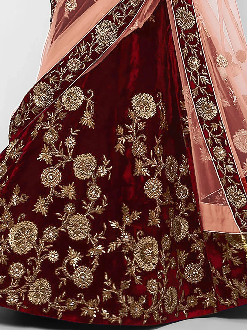 Tulsi Art Maroon Embroidered Velvet Bridal Lehenga Choli With Light Peach Dupatta | Grocsy