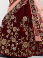 Tulsi Art Maroon Embroidered Velvet Bridal Lehenga Choli With Light Peach Dupatta | Grocsy