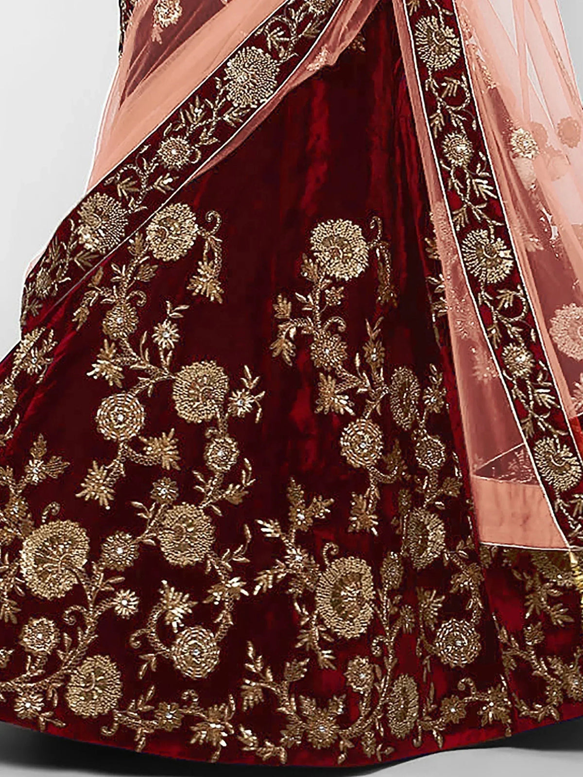 Tulsi Art Maroon Embroidered Velvet Bridal Lehenga Choli With Light Peach Dupatta | Grocsy