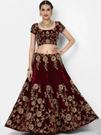 Tulsi Art Maroon Embroidered Velvet Bridal Lehenga Choli With Light Peach Dupatta | Grocsy